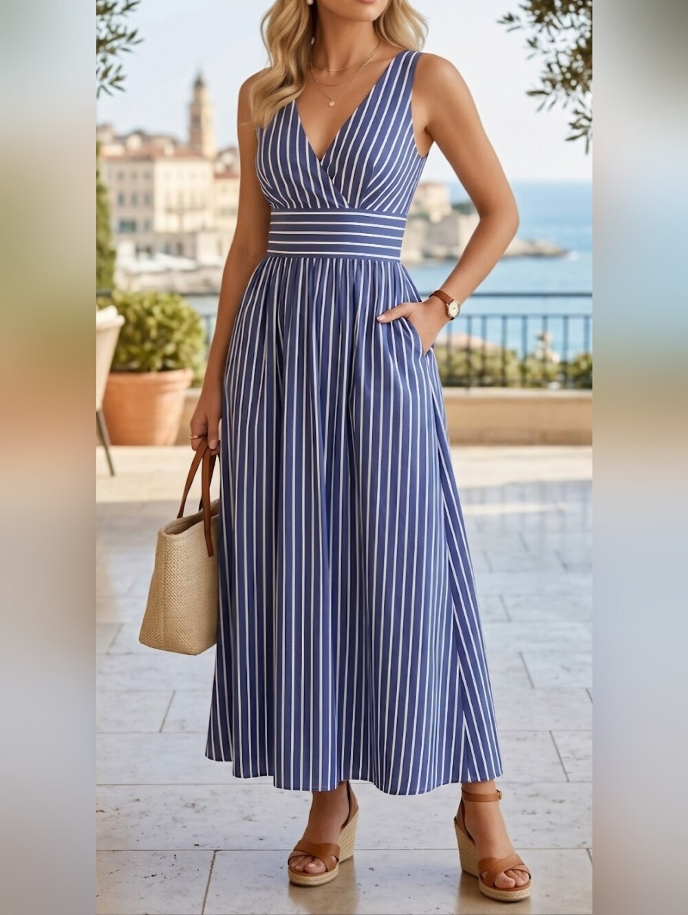Forever 21 Blue & White Striped Maxi Dress Women's Size Medium  New With Tags